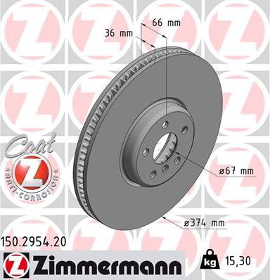 Диск тормозной передний BMW 3, 5 Otto Zimmermann 150.2954.20, D=374 мм