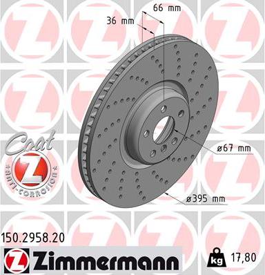 Диск тормозной передние BMW 5, 6, 7 Otto Zimmermann 150.2958.20, D=395 мм