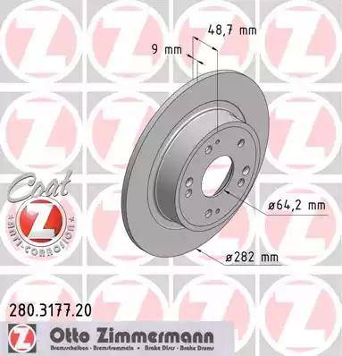 Диск тормозной задний HONDA Accord Otto Zimmermann 280.3177.20, D=282 мм