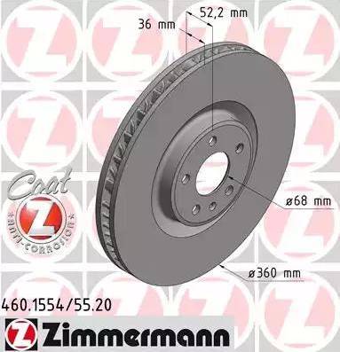 Диск тормозной передний PORSCHE Macan Otto Zimmermann 460.1554.20, D=360 мм