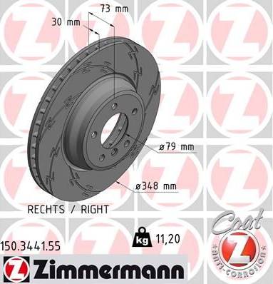 Диск тормозной передний BMW 3 Otto Zimmermann 150.3441.55, D=348 мм