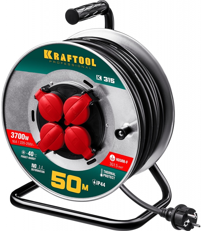 Удлинитель на катушке KRAFTOOL 55085-50_z01, 3700 Вт, 4 гнезда, IP44, 50 м