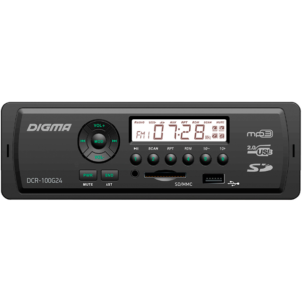 Автомагнитола Digma DCR-100G24, USB, 1DIN, 4x45Вт