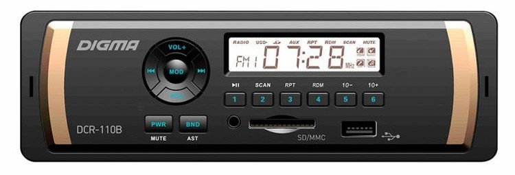 Автомагнитола Digma DCR-110B, USB, 1DIN, 4x45Вт