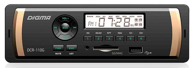 Автомагнитола Digma DCR-110G, USB, 1DIN, 4x45Вт