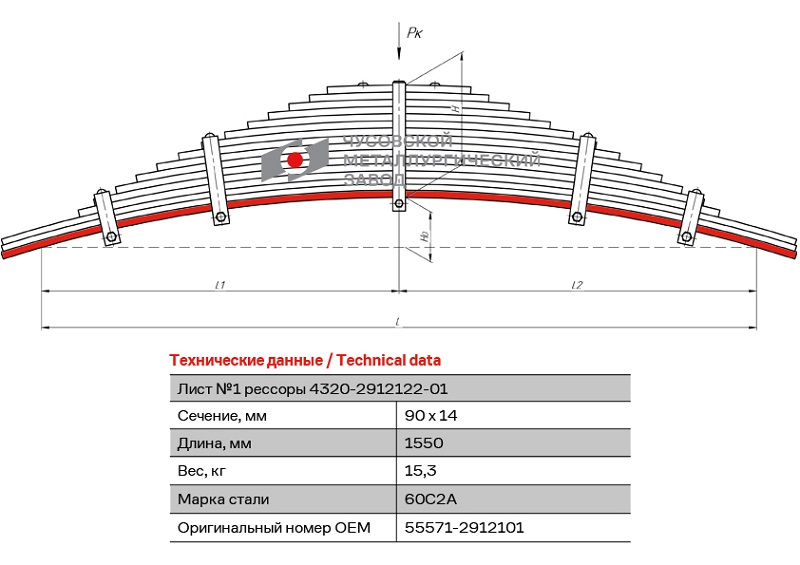 Лист рессоры коренной задний УРАЛ 4320-41, 5557, 55571-30 ЧМЗ 55571-2912101