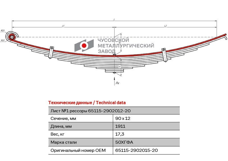 Лист рессоры коренной задний КАМАЗ 43118, 43261 ЧМЗ 65115-2902015-20