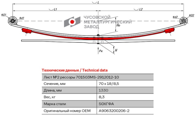 Лист рессоры подкоренной задний Mercedes-Benz Sprinter 509-519, Volkswagen Crafter ЧМЗ 701503MS-2912102-10