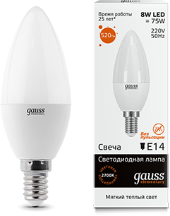 GAUSS 33118 Светодиодная лампа LED Elementary Свеча 8W E14 520lm 3000K 1/10/100 0